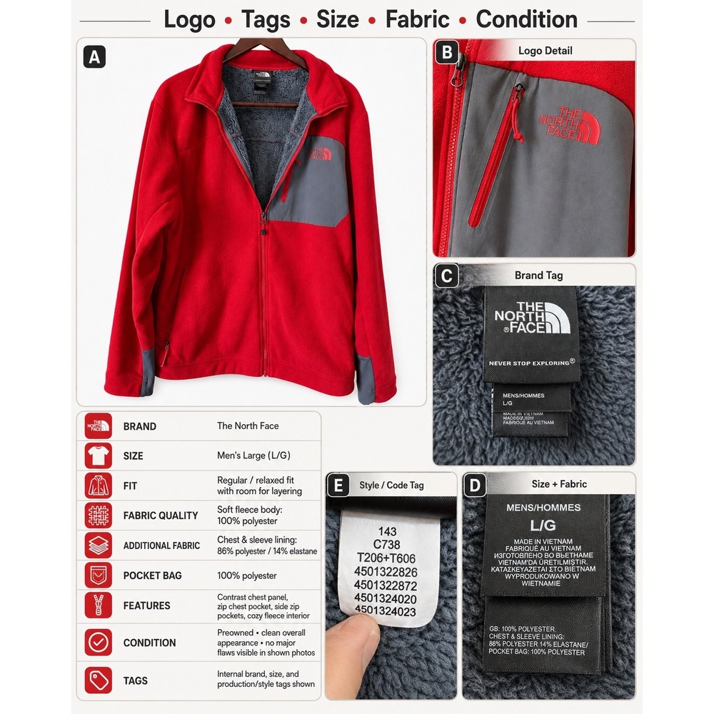 The North Face Fleece Jacket Mens Large Red Excellent Full Zip C738 Contrast - Picture 7 of 14